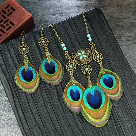 Antique Turquoise Peacock Feather Necklace and Earring Sets, - Picture 3 of 10